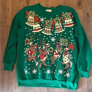 Vintage 80’s Green Holiday Sweatshirt with Reindeer and Bells Size large